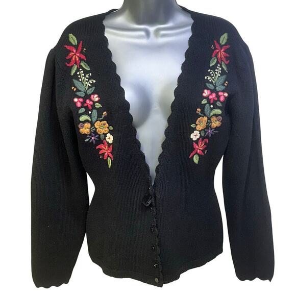 Herman Geist Embroidered Black Lambswool Cardigan Sweater Floral Accents-Medium - Picture 1 of 8
